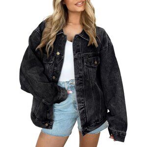 AUTOMET Women's Oversized Jeans Jacket, Classic Button Down Denim Jacket